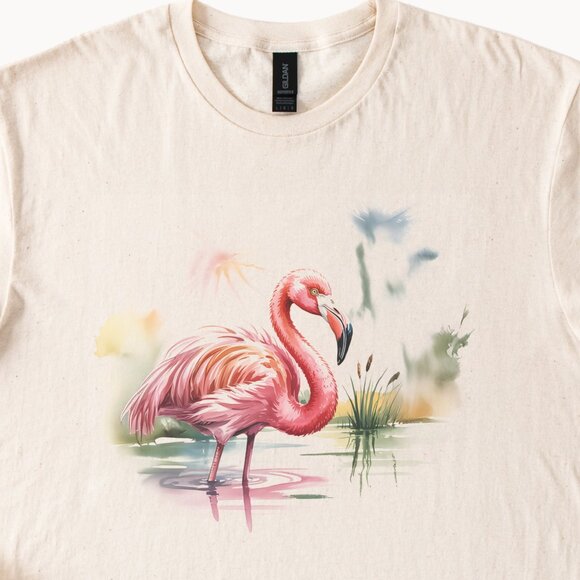 Pink Flamingo Graphic Tee Watercolor Bird Standing in Water Shirt - Picture 2 of 7